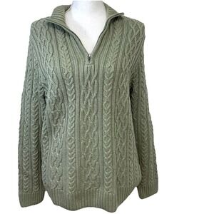 Vintage Croft Barrow Cable Knit Sweater Woman Large 1/4 Zip Sage Green Cotton‎